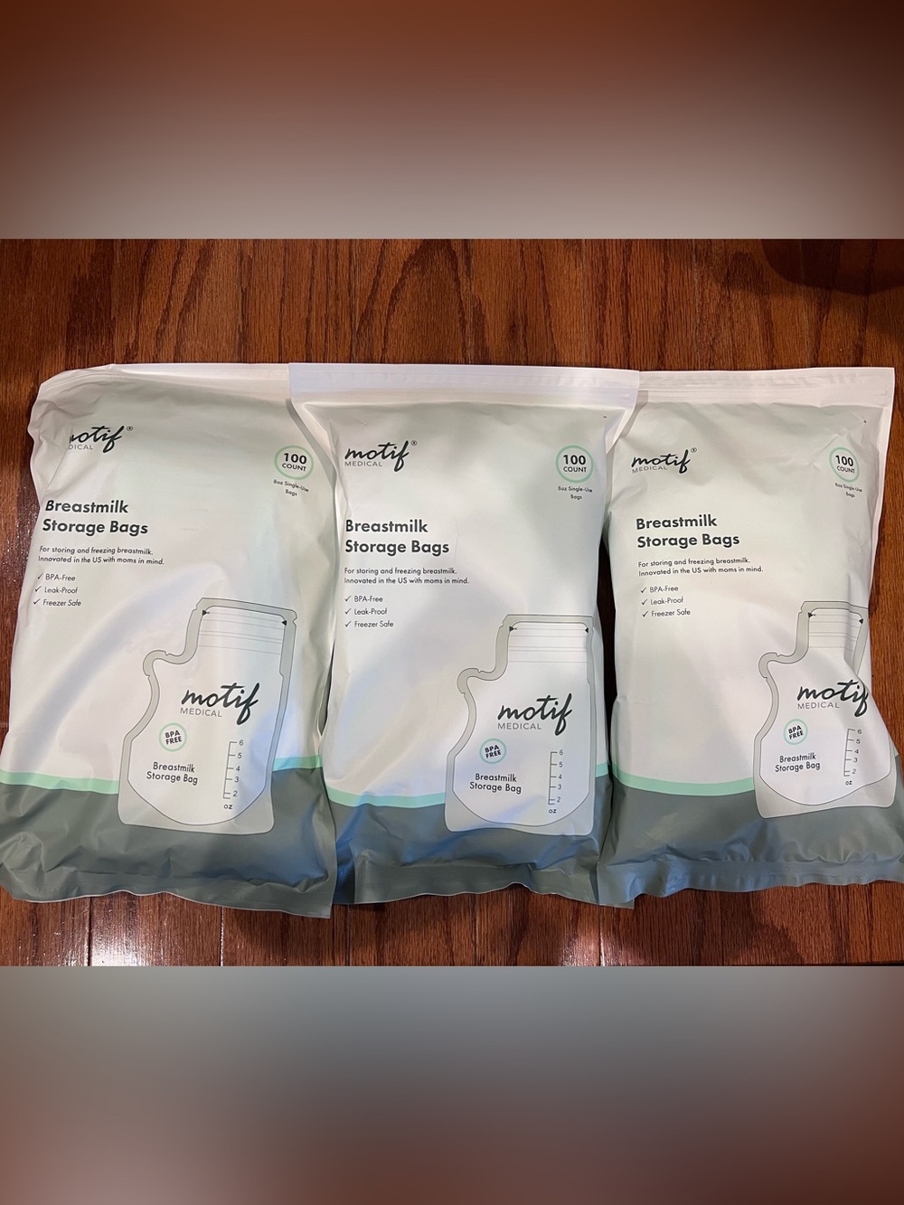 Lot of 3 Motif Medical Breastmilk Storage Bags - White & Mint 8 oz (100ct)
